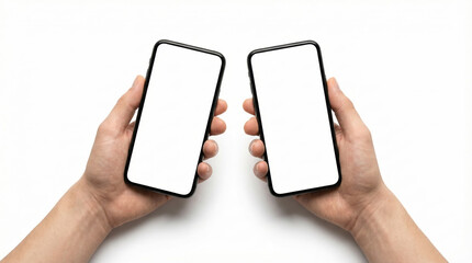 Two hands holding smartphones with blank screens for comparison against a white background