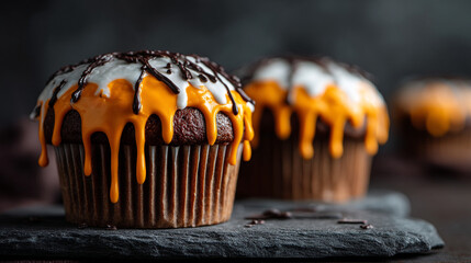 Festive Halloween cupcakes with chocolate cake, orange and white icing, and chocolate drizzle