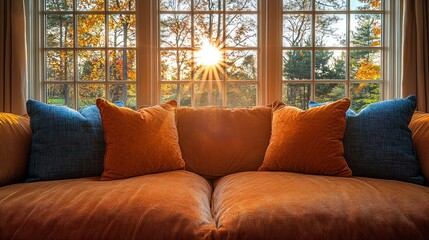 Fototapeta premium Cozy Living Room Sofa with Colorful Cushions Facing Large Window Sunset