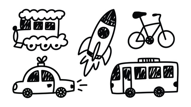 Doodle Transport Illustrations: A charming collection of doodle-style illustrations, presenting a delightful array of transportation options, from a playful train to a rocket and other vehicle.
