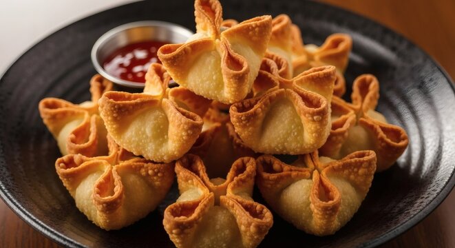 Golden crispy wontons fried dumplings with sweet chili dipping sauce on dark plate close-up food photography for National Crab Rangoon Day