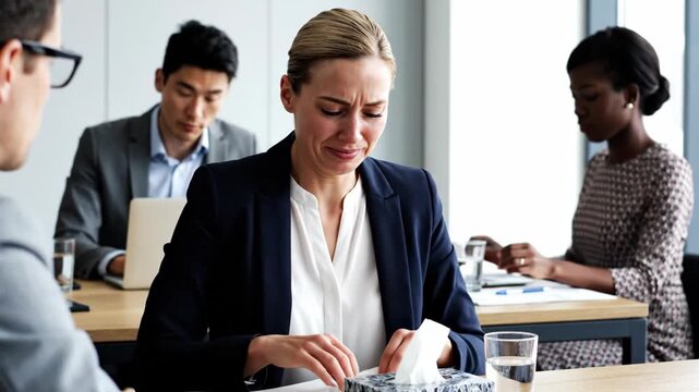Sick business woman blowing her nose with a tissue in the office. Professional employee suffering from cold or flu symptoms at work. Health and illness in the workplace concept