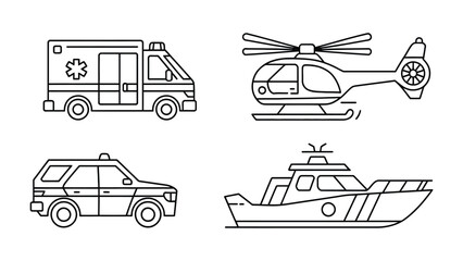 Emergency Service Vehicles: A collection of various emergency vehicles illustrated in clean lines, symbolizing rapid response and essential services. © Abu