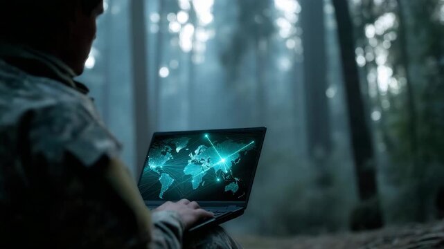 soldier using military laptop in forest command post, cyber warfare and tactical communication concept, digital map with global connections on screen cyber warfare, military techno 4K
