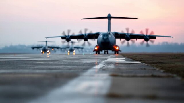 strategic military airfield with cargo planes and helicopters preparing for mission, atmospheric morning light emphasizing strength and precision air force base, military cargo pla 4K