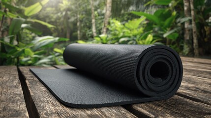Black exercise mat partially unrolled on rustic wooden surface with lush green foliage background