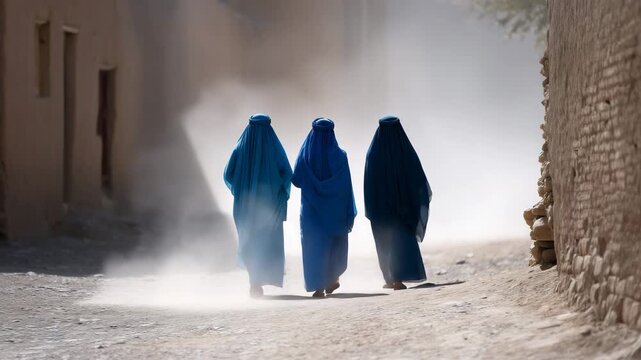 Three women wearing traditional blue burqas walking together through dusty street in Middle Eastern town, warm sunlight, rustic architecture, everyday life scene, cultural realism  4K