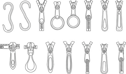 Zipper puller and slider set illustration, sewing accessories collection, clothing fastener parts, tailoring hardware, black and white vector © Hey there