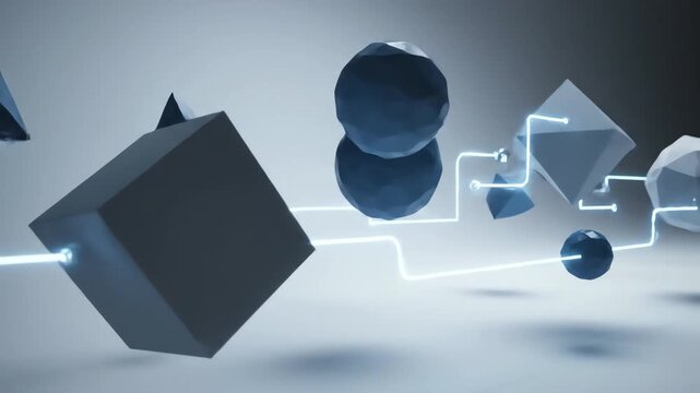Abstract geometric shapes floating in a futuristic digital environment, showcasing AI automation and system behavior refinement