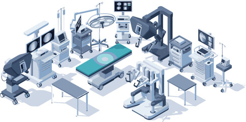 Isometric surgical room equipment set, including operating tables, robotic surgery systems, anesthesia machines, monitors, medical carts, and hospital technology elements vector. © Rima Khatun