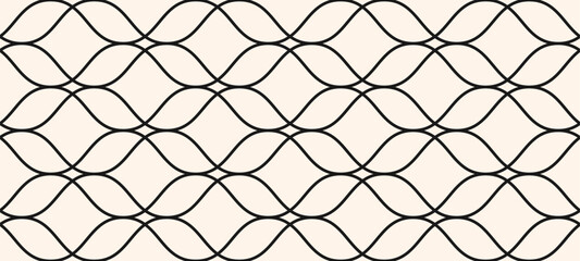 Black and white vector seamless pattern in Islamic style. Elegant mesh, grid, lattice, net, thin curved lines. Abstract minimal geometric ornament. Simple  background texture. Repeated modern design