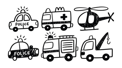 Emergency Vehicles Doodle: This hand-drawn illustration features six different emergency service vehicles, including police cars, ambulances, a helicopter, and fire trucks. © Abu