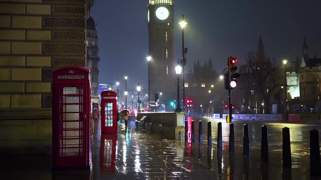 Moody winter night view with storm and rain of the red telephone booths in front of the Big Ben clock tower in London, England