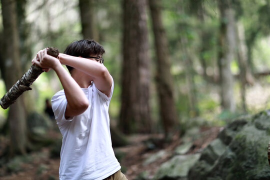 Caucasian boy holding tree branch in forest