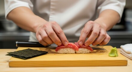 japanese chef's hands delicately preparing sushi precisely placing tuna slices on vinegar rice with seaweed and wasabi background 
of ingredients concept sushi making and japanese cuisine promotion