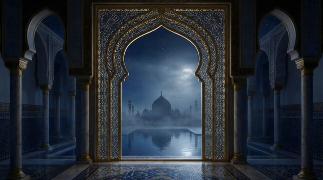 Majestic mosque exterior at night with intricate archway and moonlight