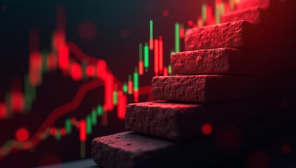 Falling stone blocks on dark stairs with red and green candlestick chart in background, dramatic low light conveying financial decline and tense atmosphere
