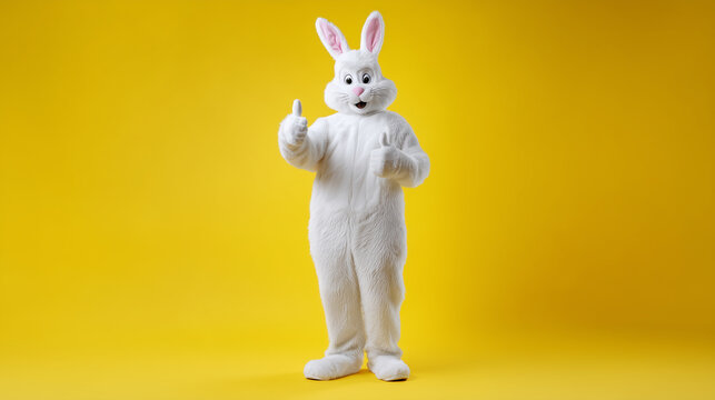 Full body easter bunny mascot costume character standing on yellow background giving thumbs up cheerful pose for easter celebration and children events. 