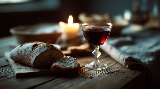 Holy week still life with bread and red wine on rustic wooden table lit by candlelight symbolic close up scene representing the last supper and christian communion tradition. 
