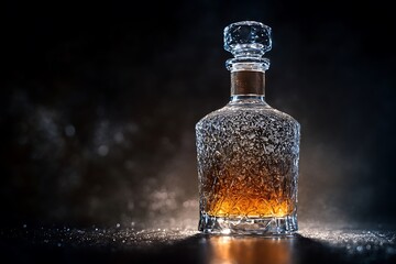 A luxurious ice whisky bottle glistens against a dark background, showcasing elegance and sophistication in spirits.