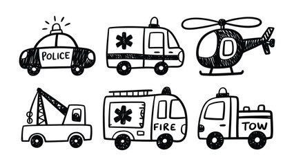 Emergency Vehicles Illustration: An illustrative set of emergency vehicles, including police car, ambulance, helicopter, tow truck, fire engine, and tow truck, perfect for illustrating safety, rescue. © Abu