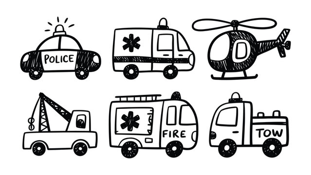 Emergency Vehicles Illustration: An illustrative set of emergency vehicles, including police car, ambulance, helicopter, tow truck, fire engine, and tow truck, perfect for illustrating safety, rescue.