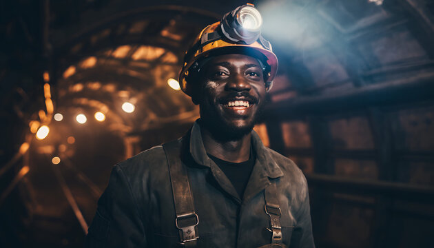 Portrait of a smiling Black miner wearing a hard hat with a headlamp on in a mine.