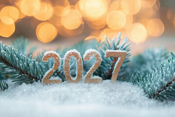 The golden letters 2027 with christmas trees spruce branches and snow.