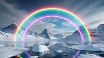Obraz premium Vibrant Neon Rainbow Arch Over Snowy Arctic Landscape