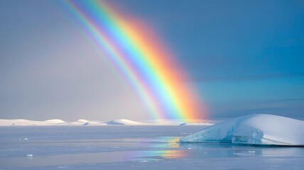 Obraz premium Vibrant Rainbow Over Icy Blue Arctic Landscape with Snow and Icebergs
