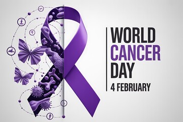 World Cancer Day 2026 Concept Poster with Abstract Ribbon, Cellular Mandala, and Butterfly