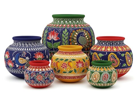 Colorful handcrafted ceramic vases collection decorative floral patterns home decor still life display