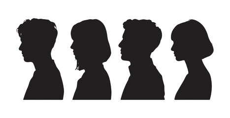 Four diverse human profile silhouettes, side view male and female avatars, vector illustration