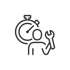 Person with stopwatch and wrench, linear icon. Time management and service work. Line with editable stroke.