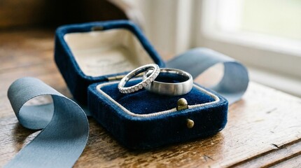 Macro photograph of platinum and diamond wedding rings resting in a vintage deep blue velvet box with a silk ribbon.
