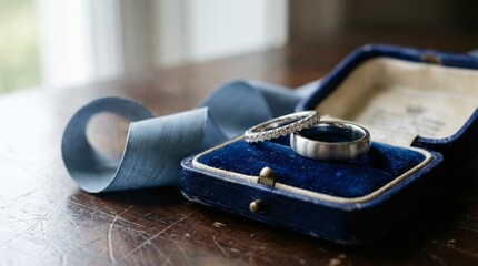 Macro photograph of platinum and diamond wedding rings resting in a vintage deep blue velvet box with a silk ribbon.
