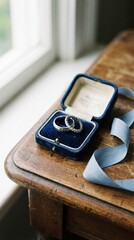 Macro photograph of platinum and diamond wedding rings resting in a vintage deep blue velvet box with a silk ribbon.
