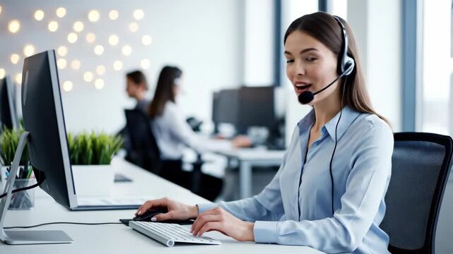 Young woman working as a call center agent. Professional customer service representative with a headset typing on a computer in a modern office. Communication and support concept