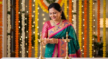 Traditional Indian Woman Lighting Brass Lamp Diya During Diwali Festival Celebration - Spiritual Prayer and Decoration Concept

