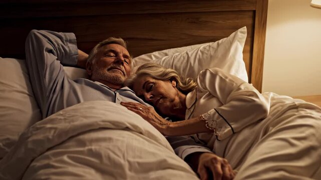An elderly couple sleeping peacefully in bed together at night with a lamp on