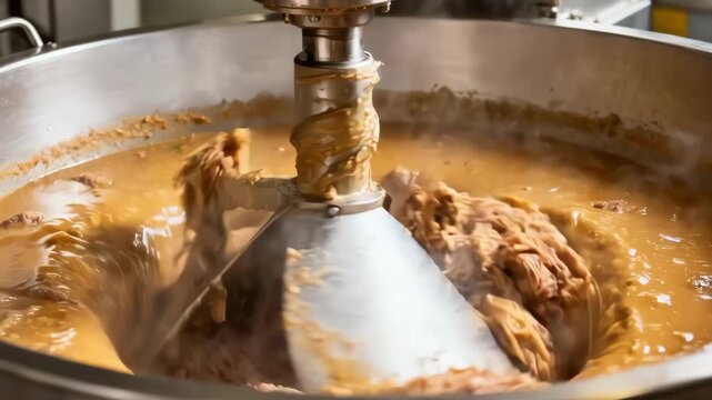 Medium shot of stainless steel tanks blending chunky meats and vegetables into a hearty slurry for premium wet pet diets highlighting texture and consistency.