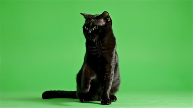 Black Cat Hitting and Swiping with Paw on Green Screen Background for Screen Replacement