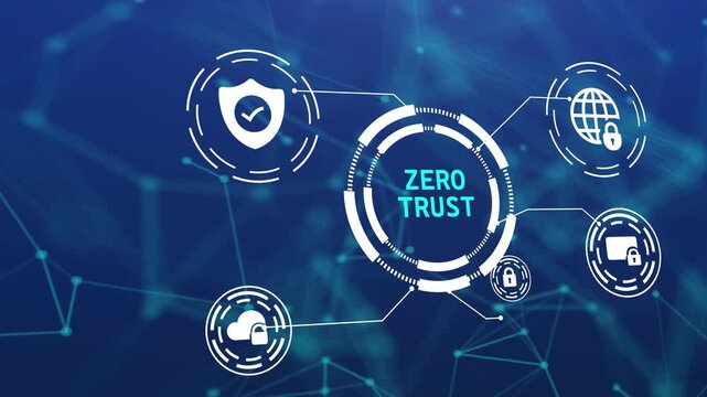 Zero trust security architecture concept with digital HUD interface and icons for identity verification and data protection on blue background