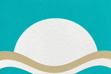Turquoise textured paper background with white circle for copy space and beige waves for banner,...