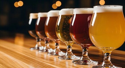 A row of assorted craft beers with varying colors and foam on a wooden bar