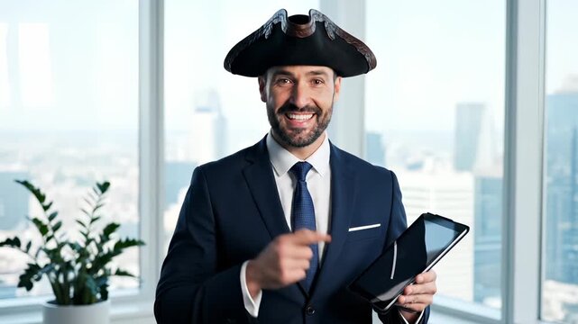 Businessman wearing pirate hat holds tablet in modern office. Man in suit with pirate hat presents tablet. Corporate professional speaks with pirate costume hat. Office worker holds tablet device.