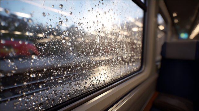 Raindrops on a Train Window Capturing the Serenity and Reflection of a Train Journey in a Rainy Atmosphere with Soft Natural Light