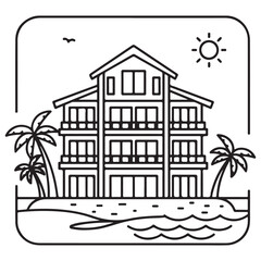 Minimalist Black Outline Coastal Resort with Palm Trees and Ocean
