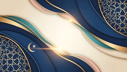 Elegant Islamic Background with Golden Geometric Pattern, Crescent Moon, Star, and Abstract Blue Waves