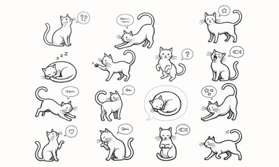 Hand drawn cute cat characters, speech bubbles, playful kitten poses, vector illustration, cartoon pets, black outline, isolated background, collection set